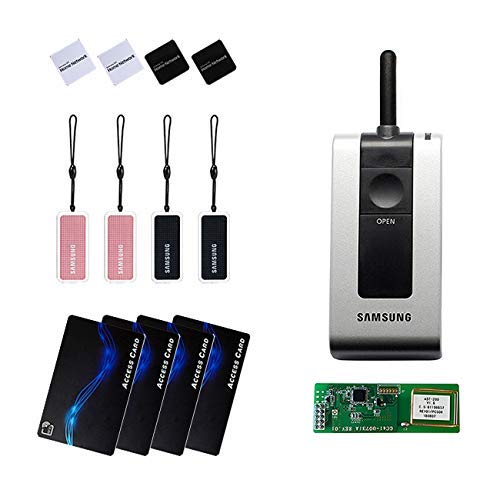 Image showing the remote control, RFID cards, and key tags included with the Samsung SHS-P710 digital door lock.