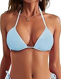 Sucrefas Women's Triangle Halter Bikini Top Adjustable String Removable Padded Swimsuit Bathing Suit Top Baby Blue S