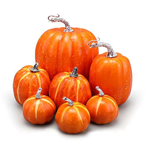 SODWEF 7Pcs Artificial Pumpkins Fake Pumpkins Foam Pumpkins Simulation Halloween Pumpkins for Thanksgiving Decor Halloween Party Kitchen Home Decoration (Orange)