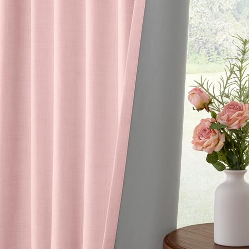 Image of INOVADAY 100% Blackout Curtains for Bedroom, Baby Pink Black Out Curtains 96 Inch Long, Clip Rings Linen Blackout Drapes, Thermal Insulated Room Darkening for Living Room, 2 Panels - W50xL96