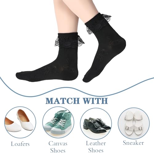 2pairs White Ruffle Socks for Women Turn-Cuff Lace Frilly Ankle Comfortable Cotton Princess Socks4