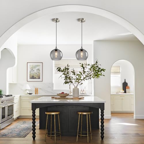 Image of Light Grey Glass Pendant Lights Kitchen Island Lighting Globe Pendant Light Fixtures Modern Pendant Lighting for Bedroom Living Dining Room Light Fixture (7.87 in, 3 Pack)