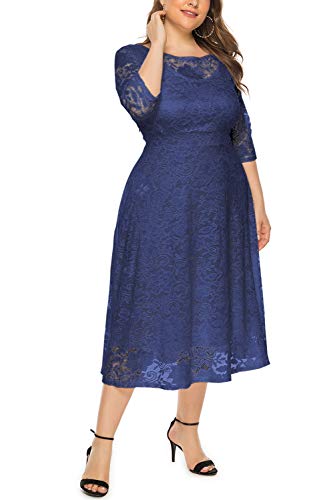 Eternatastic Womens Scooped Neckline Floral Lace Top Plus Size Cocktail Party Midi Dress 3Xl Deep Blue #TOP1