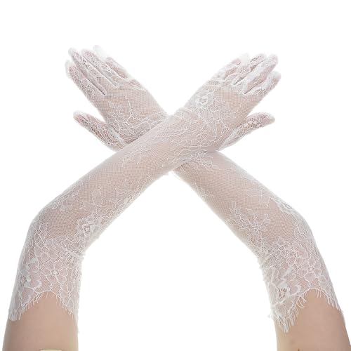 LXUEJIE White Lace Gloves, Bridal Long Gloves for Wedding, Floral Mesh Tulle Sheer Glove Women Elbow Wedding Glove for Tea Opera Party Cocktail Cosplay Halloween Costume