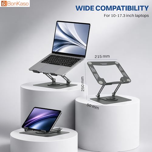Image of BonKaso 360 Rotating Metal Laptop Stand, Height & Angle Adjustable, Foldable Design, Carbon Steel Build, Ventilated Cooling, Supports Up to 5kg, Compatible with Laptops & MacBook (Up to 17.3 inch) - Grey