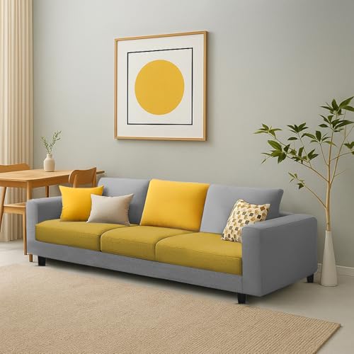 Image of Galib 3 Seater Sofa Set for Living Room (Yellow Grey Fabric) Premium Fabric Sofa Set