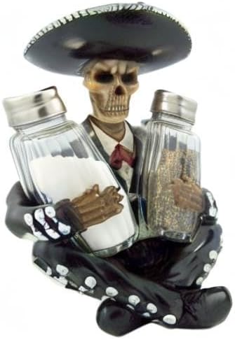 Miniatura 5 de DWK Soporte de especias de mariachi de esqueleto gótico con salero y pimentero recargables  Decoración de fiesta mexicana para mesa de cocina,