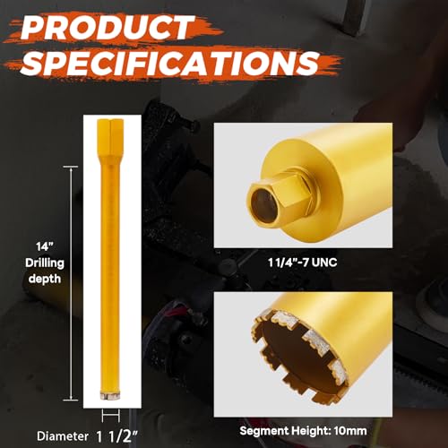 Image of 1 1 /2 Inch Wet Core Drill Bit, 1.5 inch Core Bits for Concrete, 14 inch Drilling Depth, 1-1 /4 inch-7 Thread Diamond Core Drill for Cured Concrete, Hard Masonry, Brick, Solid Cement, Stucco, Stone (38mm)