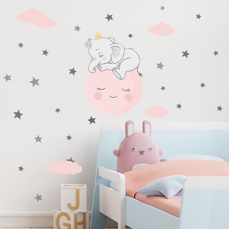 Image of Cute Elephant Sleeping on The Moon with Stars Wall Stickers Nursery Decor Wall Decals for Kids Boys Girls Bedroom Daycare Classroom Playroom and Kids Room-Self-Adhesive