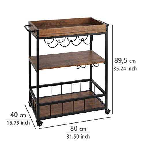 Foto von WENKO Küchenwagen Rustico, 3 Etagen, vielseitiger Servierwagen mit 4 Rollen, Kücheninsel mit Weinglashalter & Flaschenhalter, 80 x 89,5 x 40 cm, Rollwagen aus lackiertem Metall und MDF, Braun/Schwarz