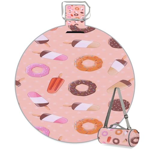 Shimoshe Ice Cream Donut Picnic Outdoor Blanket Foldable Waterproof Sandproof Beach Blanket Portable Water-Resistant Round Picnic Mat for Travel Camping Park Lawn