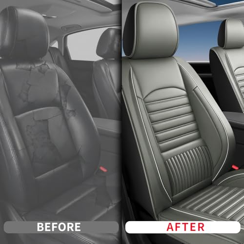 Image of Fit Acadia Car Seat Covers (Only Front 2 Seats) Compatible with GMC Acadia 2007-2024 2025 2026-Full Coverage Breathable Leather, Airbag Compatible, Waterproof & All-Weather, Grey