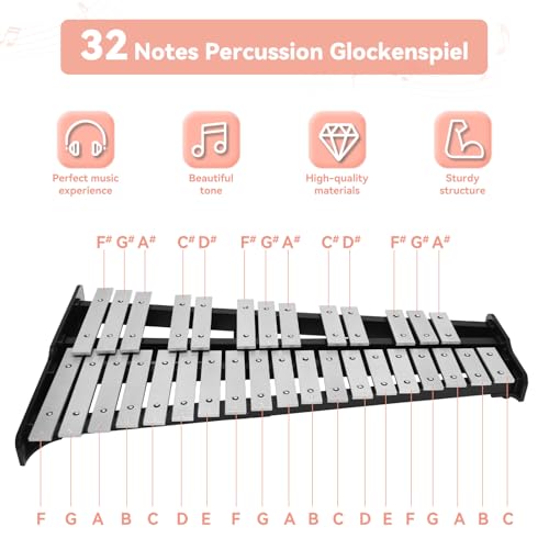 Image of 32 Notes Glockenspiel Xylophone Bell Kit, Professional Xylophones for Beginner with Adjustable Stand, Music Stand, Sticks, Aluminum Percussion Instrument Set for Adult (silvery)