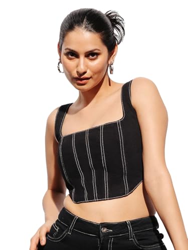 Image of Shasmi Girl's and Women's Blue Denim Crop Top, Square Neck, Sleeveless Corset Style Women Western Cotton Denim Bustier Vest Crop Top | Bralette Blouse | Sleeveless (Denim Top 158)