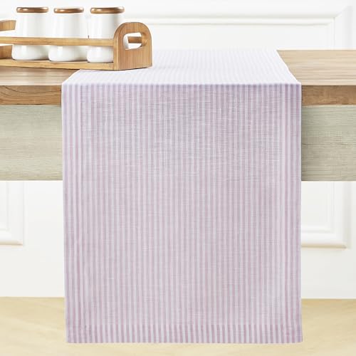 Solino Home 100% Pure Linen Table Runner, 14 x 144 in, Pink, Narrow Stripe