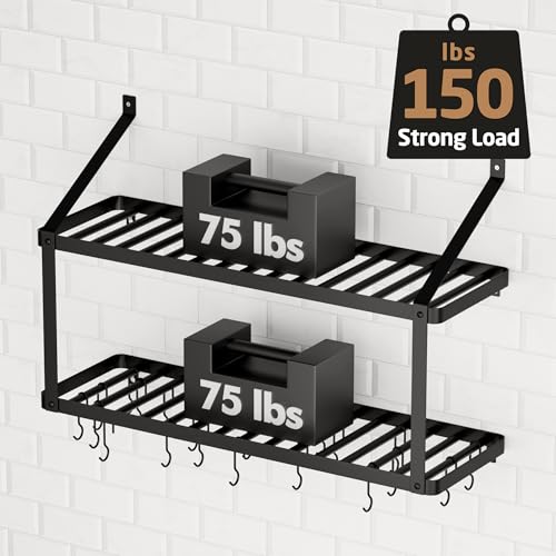 KES 150 lb High-Capacity Pot Rack Wall Mounted with Pot Lid Holder, 34 Inch Heavy-Duty Pots and Pans Hanging Rack with 20 Hooks, Drilling Template Provided for Easy Install, Matte Black, KUR528S88-BK