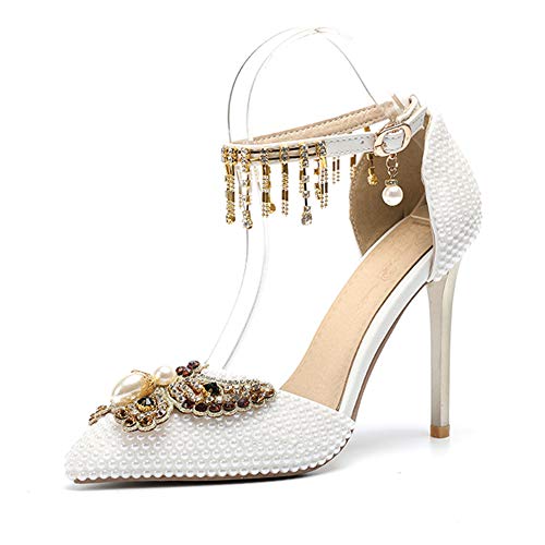 QZX Shoes Femmes Escarpins Chaussures de Mariage Mariee Sangles de Cheville Talons Hauts Sandales Sangles de Cheville Robe Bout fermé Pompes Blanc Perle Diamante,White,EU44/UK10 Cover