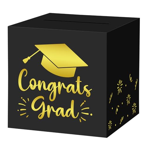 Image of Hooqict Graduation Card Box with Slot 9.1 inch Congrats Grad Black Gold Money Card Box for Class of 2026 Graduation Decorations Money Envelope Gifts Cards Holder Grad Party Supplies
