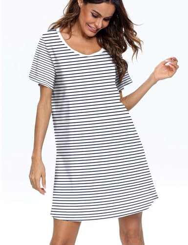 Image of ENJOYNIGHT Womens Cotton Nightgown Short Sleeve Sleepshirt Print Nightshirt | Short-Sleeve Crew Neck, Soft Cotton Fabric, Cartoon Printed Sleep Shirt, Loose Fit