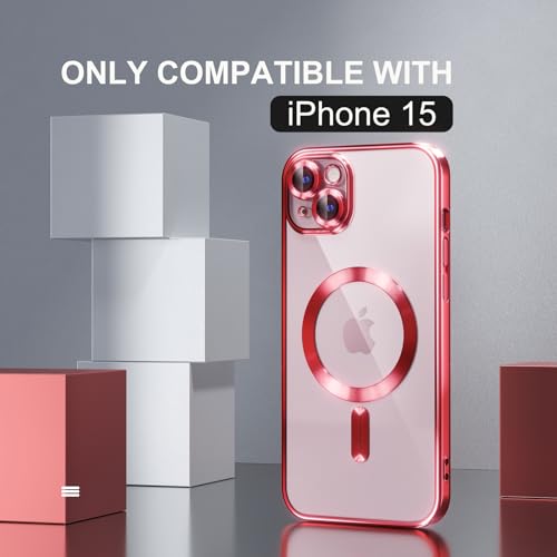 Image of Misea Magnetic for iPhone 15 Case Compatible with MagSafe Red | [Never Yellowing] [Military Drop Protection] Full Camera Lens Protector Plating Soft Clear Phone Case for Women, Red