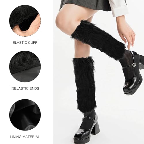 Womens Faux Fur Furry Leg Warmers Furry Boot Covers for Women Girls, Furry Boot Cuffs Fuzzy Shoes Cover Socks Black2