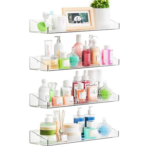 Yieach 4 Pack Adhesive Clear Bathroom Shower Shelves,No Drill Acrylic Shower Wall Caddy,Bathroom Shelf,Floating Shelves for Inside Shower Wall Organizer and Storage for Makeup,Perfume,Shampoo Holder