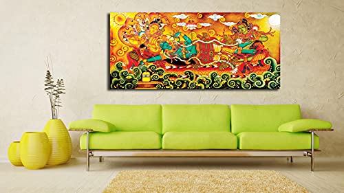 Image of PIXELARTZ Kerala Mural Canvas Painting - Vishnu Avatar Krishna Traditional Canvas Painting - (40x20 Inches, Medium) (Unframed)