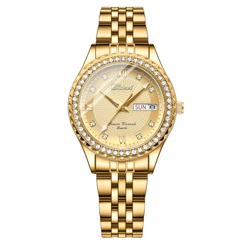 Image of JewelryWe Couple Gold Quartz Watch: Business Analog Full Diamond Day Date 3ATM Waterproof Luminous Hands Stainless Steel Removable Strap Casual Wrist Watch for Father's Day