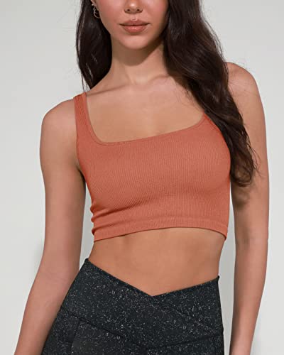 Ododos Women's Seamless Crop Tank 2-Pack Ribbed Knit Square Neck Cropped Tops Casual Low Back Cami, Garment Washing Coral+Oatmeal, X-Small/Small #TOP1