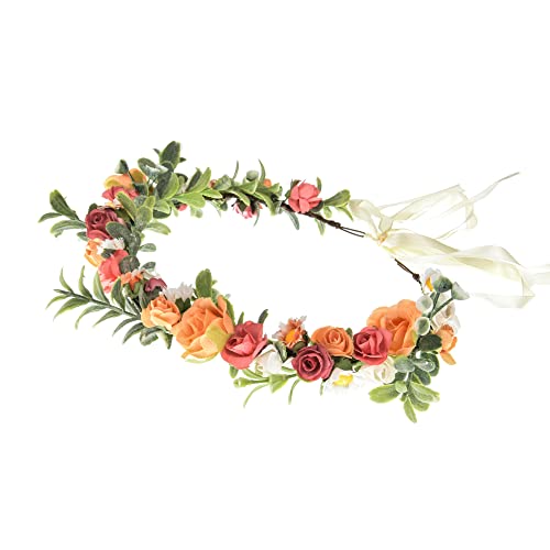 Love Sweety Greenery Flower Headband BOHO Leaf Hair Wreath Bridal Wedding Headpiece Maternity Floral Crown(White Pink Orange) - Thumbnail 3