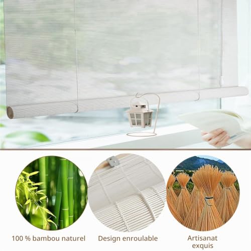 Store Enrouleur Bambou Naturel 40x120cm Blanc Stores Bambous pour intérieur et extérieur,Protection Solaire,Store Vénitien en Bambou,Tirage Latéral,Occultant,Respirant,pour Fenêtre et Porte – vue 4