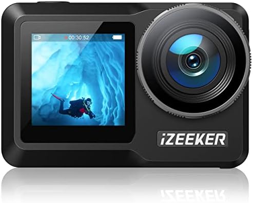 iZEEKER iA800 4K60FPS Action Camera Dual Screen 24MP Vlog Camera Waterproof 40M Underwater Camera Remote Control 10x Zoom Sports Camera with Accessories Kit and 2x1350mAh Batteries