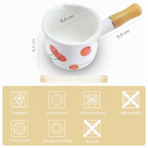 Foto von Emaillemilch Pfanne, Mini -Butter -Hitze 4 Zoll 17 Unzen Email Topf kleines Kochgeschirr mit Holzgriff, perfekte Größe, um kleinere flüssige Portionen zu erhitzen (Kirsche)