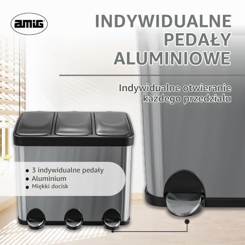 Amig – Potrójny kosz na śmieci z pedałami 45 litrów, 3 wyjmowane przegródki 15 litrów, kosz do recyklingu do kuchni, stal nierdzewna, 60 x 37 x 49 cm, srebrny