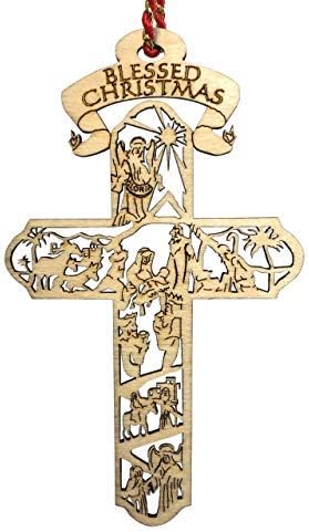 Jolette Designs Nativity Cross Christmas Ornament Gift, Real Wooden Decor for Tree, Office, Car. Unique Wood Holy Family Scene Gifts, 4.5X 2.625, Made in USA, Keepsake Tells The Whole Christmas Story