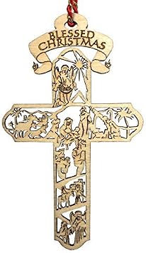 Nativity Cross Christmas Ornament Gift, Real Wooden Decor for Tree, Office, Car. Unique Wood Holy Family Scene Gifts, 4.5X 2.625, Made in USA, Keepsake Tells The Whole Christmas Story