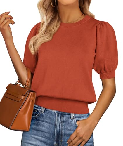 PRETTYGARDEN Womens Tops Spring 2025 Summer Puff Short Sleeve Sweater Crewneck Knit Work Blouses Dressy Casual Trendy Shirts