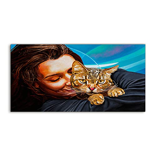 Tableau acrylique femme et chat 100x50 cm, une oeuvre d'art moderne haut de gamme