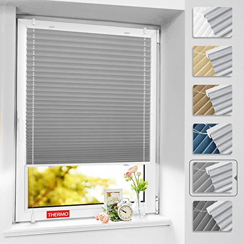 BelleMax Plissee ohne Bohren Verdunkelung Klemmfix, Thermo Plissee Hellgrau 105x110 cm(BxH)… – Ansicht 1
