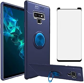 Compatible with Samsung Galaxy Note 9 Phone Case and Tempered Glass Screen Protector With Ring Stand Kickstand Silicone Metal Cell Accessories Galaxies Note9 Gaxaly Glaxay Not S9 Cover Women Men Blue