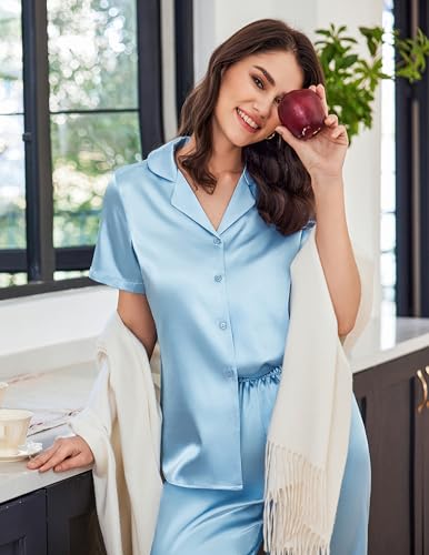 Image of Ekouaer Womens Satin Silky Capri Pajamas Short Sleeve Button Down Sleepwear