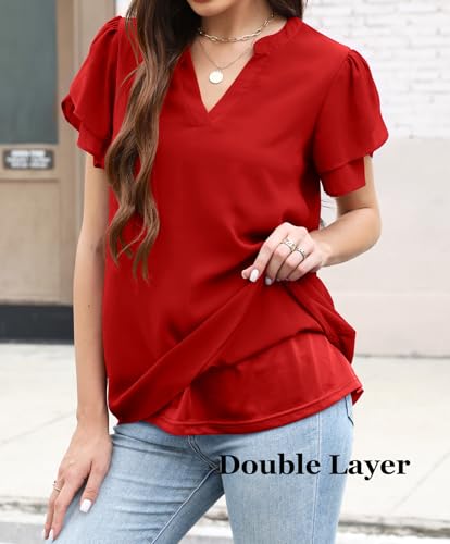 Halife Women's Puff Petal Short Sleeve Summer Blouses V Neck Chiffon Dressy Casual Work Tops Shirts4