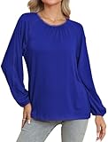 LA BAIESO Womens Long Sleeve Tops Crew Neck Dressy Casual Smocked Shirts Loose Fit Business Work Blouse with Lace Webbing Royal Blue