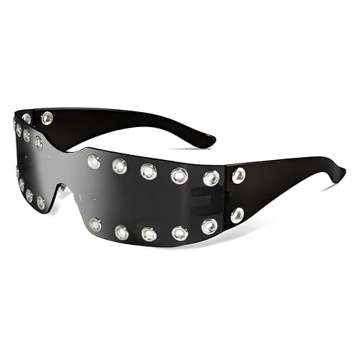 Crazy Feng Y2K Rave Grommet Sunglasses for Women Men 2026 Futuristic Outfit | Rimless Shades Wrap Around Fashion Trendy Burning Man Night Club Sun glasses Concert Gothic Cyberpunk Crop Top Shorts - Black Shades - 65 Millimeters