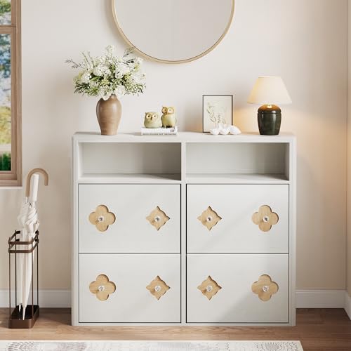 Image of GarveeHome Shoe Cabinet with 4 Flip Drawers, Narrow Wood Shoe Organizer Cabinet with Floral Pattern, Freestanding Slim Shoe Rack Cabinet with Adjustable Shelves & Open Storage, for Entryway, White