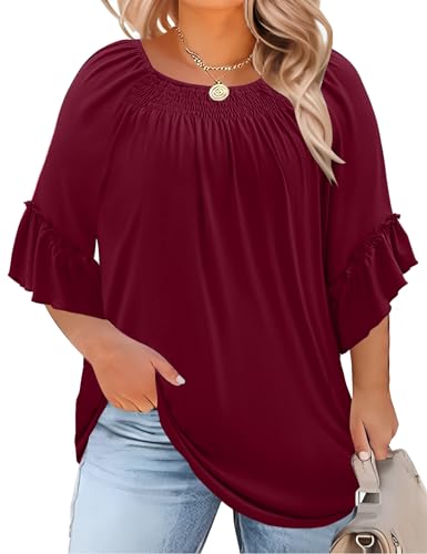 Image of Micoson Womens Plus Size Tops 3 /4 Ruffle Sleeve Crewneck Pleated Shirts