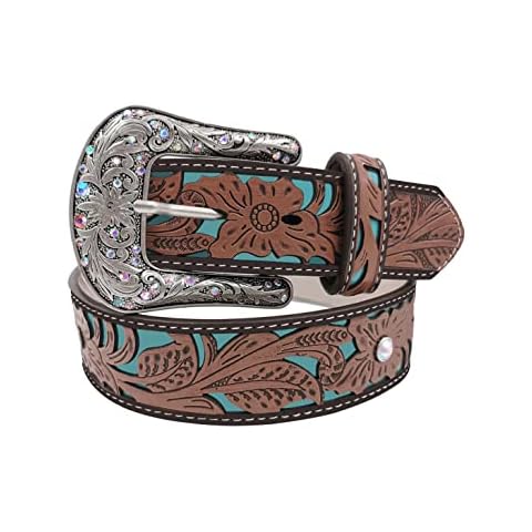 TOPACC Western Belts for Women Turquoise Diamond Cowgirl Floral Engraved Scroll Embossed Brown Waist Country Belt for Pants Jeans, Brown, One size Cover