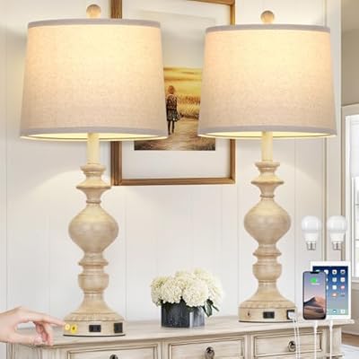 28" Farmhouse Table Lamps Set of 2, Rustic Lamp for Living Room with USB C+A Ports & AC Outlet, 3 Way Touch Control Resin Bedside Lamps, Retro Bedroom Lamp for Nightstand Side End Table Desk, Beige