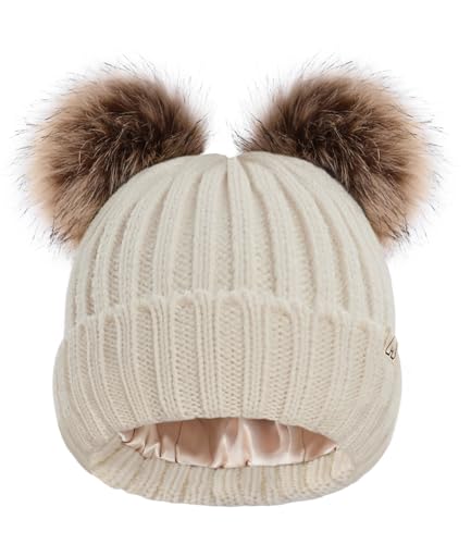 Hat Hut Winter Hats for Women Satin Lined Beanie Hats for Women Ladies Bobble Hat Double Pom Pom Beanie Cap (B3-Beige 2 Poms)