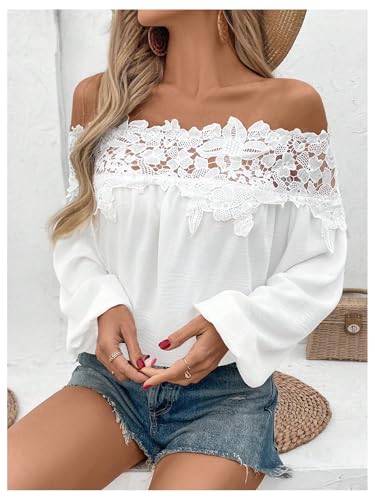 SweatyRocks Women's Off The Shoulder Lace Blouse Long Sleeve Casual Shirts Vacation Tops3